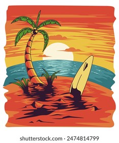 Landscape illustration of sunset on the beach. perfect to use as a poster, sticker or wallpaper. Summer illustration collections.