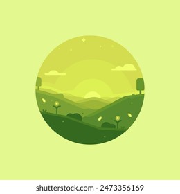 Landscape illustration of sunset on steppe background with hill and flowers. Minimalistic icon of a beautiful natural scenery