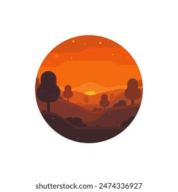 Landscape illustration of sunset on steppe background with hill with trees. Minimalistic icon of a beautiful natural scenery