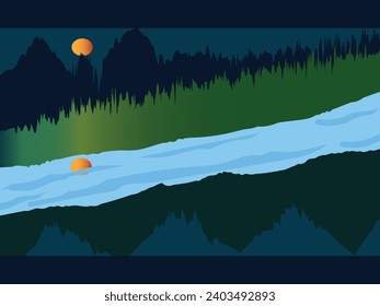 landscape illustration of sunset with river and nature, vector nature illustrations
