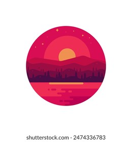 Landschaftsabbildung Sonnenuntergang in den Bergen vom Ufer eines Sees aus . Minimalistische Ikone einer wunderschönen Naturkulisse