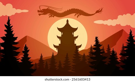 Landscape illustration of temple at mountain with chinese dragon