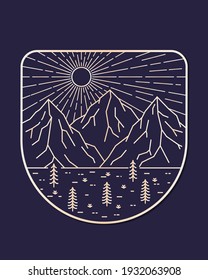 landscape illustration of three mountains and pine trees on bright day in mono line art, Abstract vector illustration, T-Shirt Art, Design Vector