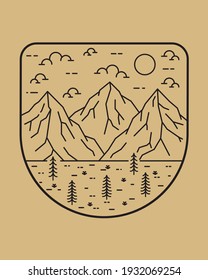 landscape illustration of three mountains and some pine trees in mono line art, Abstract vector illustration, T-Shirt Art, Design Vector