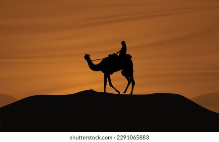 Landscape illustration of a tourist on a camel ride in the Middle East. Beautiful design featuring Arabian tourist places, a well-known famous tourist spot showcasing the natural beauty of the desert.