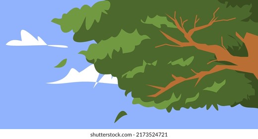 landscape illustration of tree and leaves. cloud. blue sky. suitable for background, nature theme, morning, etc. flat vector