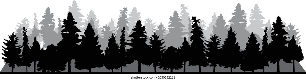 Landscape illustration of tree line silhouette with trees in the distant background. Vector eps forest graphic design. Editable