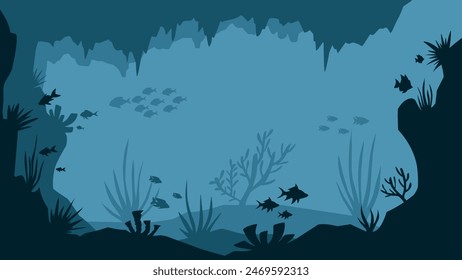 Ilustración de paisaje de cueva submarina con arrecifes de coral y peces