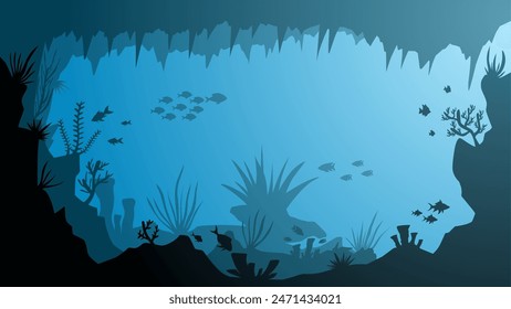 Landscape illustration of underwater cave with coral reefs and fishes