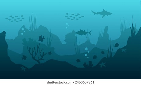 Ilustración paisajística de la vida submarina con peces y arrecifes de coral	