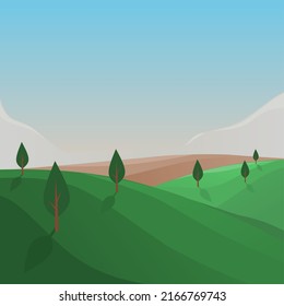 landscape illustration of a vast meadow with a few trees in the morning with a bright blue sky
