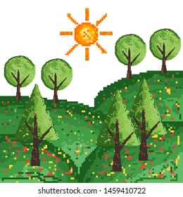 landscape illustration view with pixel art style. EPS 10