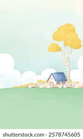 landscape illustration wallpaper background with a tiny house, tree, and flowers