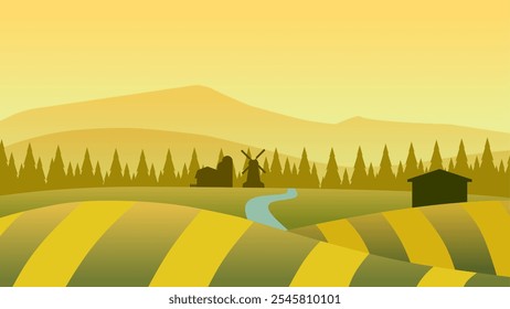 Landscape illustration of wheat farm in countryside