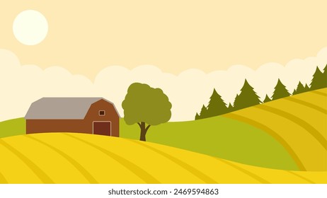 Landscape illustration of wheat field farm in the countryside