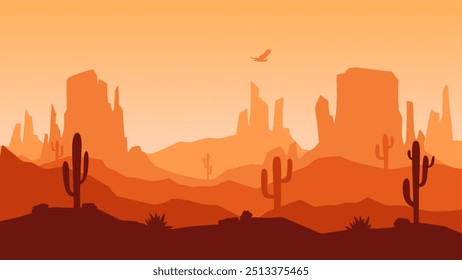 Landscape illustration of wild west desert with cacti and butte