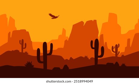 Landscape illustration of wild west desert with cacti and butte