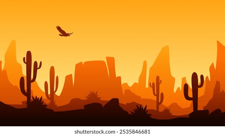 Landscape illustration of wild west desert with cacti and butte