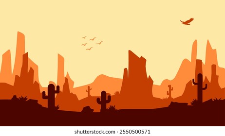 Landscape illustration of wild west desert with cacti and butte