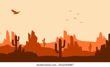 Landscape illustration of wild west desert with cacti and butte