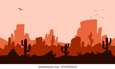 Landscape illustration of wild west desert with cacti and butte