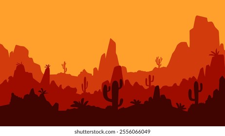 Landscape illustration of wild west desert with cacti and butte