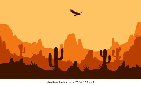 Landscape illustration of wild west desert with cacti and butte