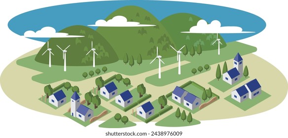 A landscape illustration of wind power generation.