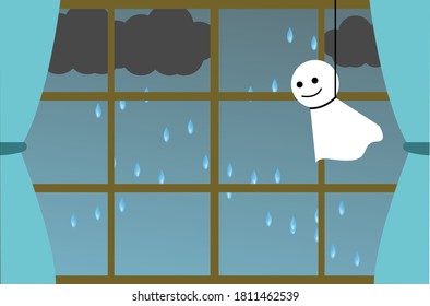 Landscape illustration of windows with terterboise on a rainy day