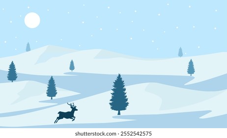 Ilustración de paisaje de colina de invierno con pinos y un ciervo
