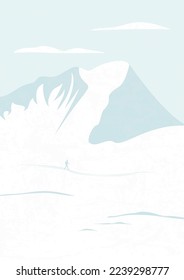 Landscape illustration of winter snowy hills. Travelling person, winter hiking.