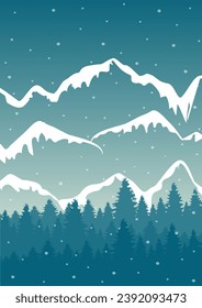 Landscape illustration of winter snowy peaks. Snowy panorama, minimalist wall decor.