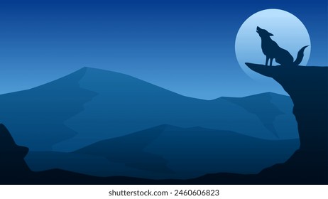 Landscape illustration of a wolf howling at cliff in the night