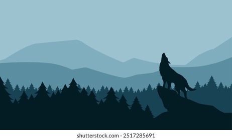 Ilustração de paisagem de um lobo uivando na floresta