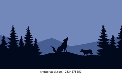 Landscape illustration of a wolf howling in the forest