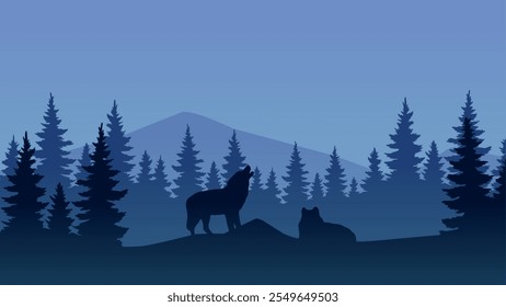 Landscape illustration of a wolf howling in the forest