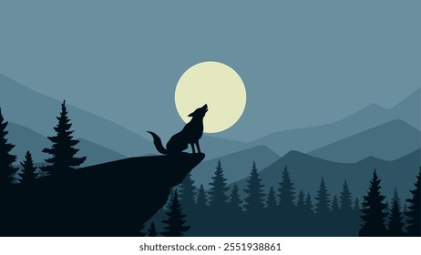 Landscape illustration of a wolf howling in the forest