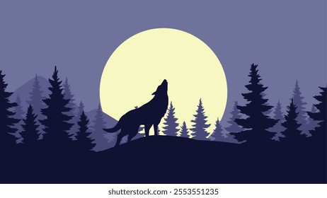 Landscape illustration of a wolf howling in the forest