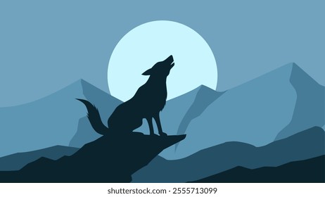 Landscape illustration of a wolf howling in the forest