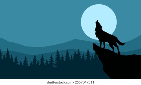 Landscape illustration of a wolf howling in the forest