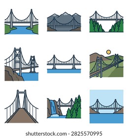 Landscape illustrations featuring various bridge architectural styles.