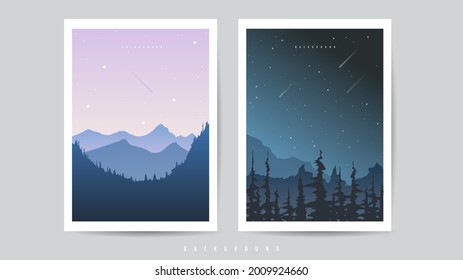 Landscape illustrations season, The mountains at night are full of trees and the sky is full of stars ,Flat design minimal style, wallpaper season template , illustration Vector EPS 10