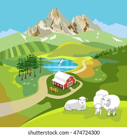 Landscape with the image of a farm, mountain, lake, forest and meadow. On a hill sheep grazing. View from above. Vector illustration.