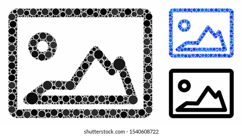 Landscape image mosaic of small circles in various sizes and color tints, based on landscape image icon. Vector filled circles are grouped into blue mosaic.