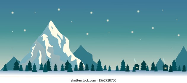 Landscape. Image of the mountain against the night sky, pine trees and houses. Vector graphics.