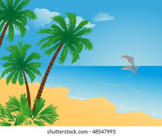 Landscape with the image of palm trees, a beach, clouds, dolphins and the sea.