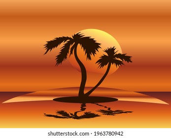 
landscape with the image of silhouettes of palm trees against the background of the evening sky and their reflection in the water, illustration for the design of travel and vacation advertising
