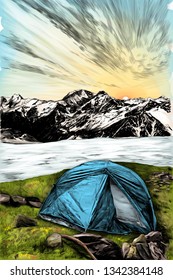landscape with the image of a tourist tent in the foreground on the grass on the background of a frozen lake and mountains in the snow, sketch vector graphics color illustration on a white background