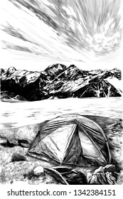 landscape with the image of a tourist tent in the foreground on the grass against a frozen lake and mountains in the snow, sketch vector graphics monochrome illustration on a white background