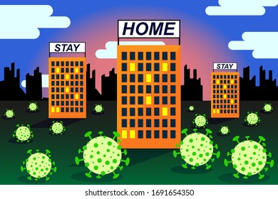 Landscape with the image of viruses surrounding multi-storey buildings. On the roofs of the buildings are banners calling to stay at home.